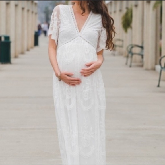 open lace back dress Light Pink Deep V-Neck Maternity Maxi Dress – PinkBlush main image 1